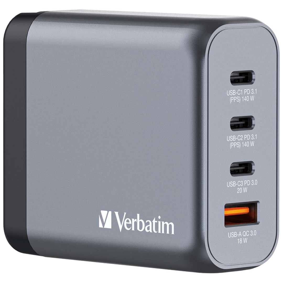 Verbatim GaN 140 W 1x USB-A 3x USB-C Charger 32203