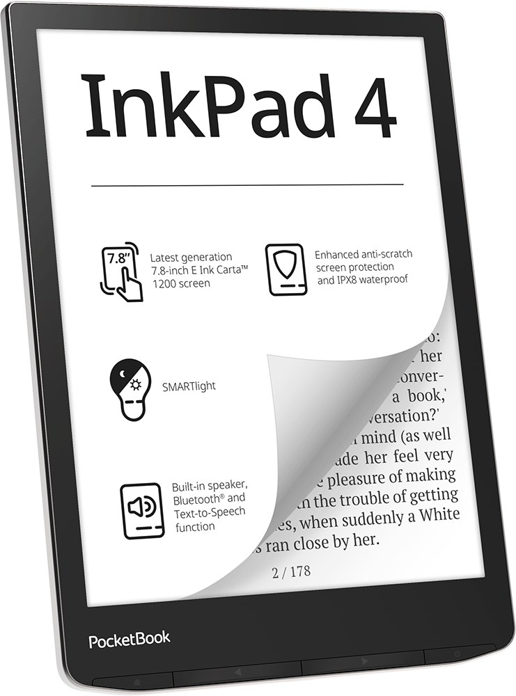 PocketBook InkPad 4 e-book reader Touchscreen 32 GB Wi-Fi Black, Silver PB743G-U-WW 7.8 in 1404x1872