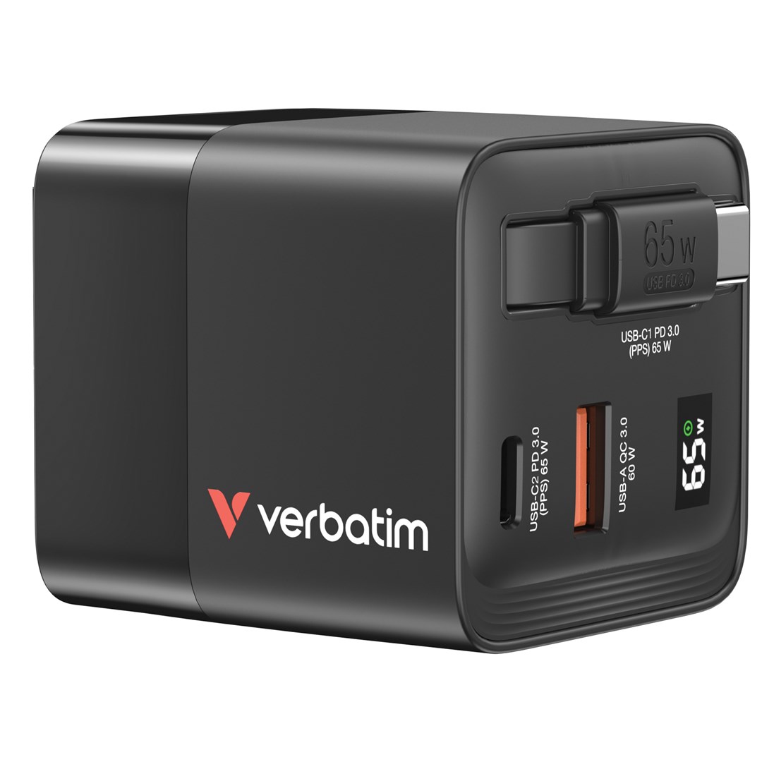 Verbatim GaN 65 W 1x USB-A 2x USB-C retractable cable Charger 32217