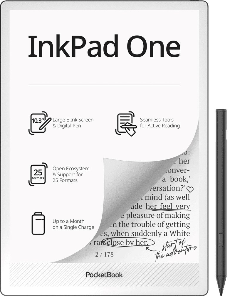 PocketBook InkPad One 1030 10.3" E-ink Mobius 32GB Wi-Fi E-reader – Matte Black PB1030-8-WW 10.3 in 1404x1872 32 GB