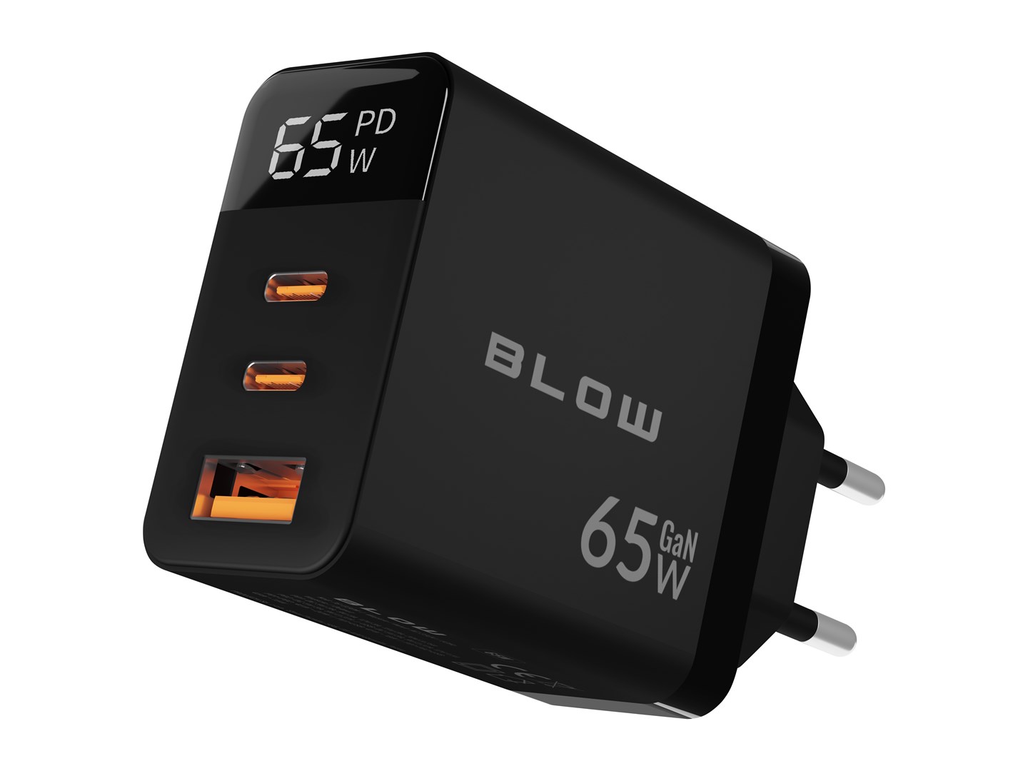BLOW LCD wall charger USB socket + USB-Cx2 PD 65W GAN black wattmeter 76-030#