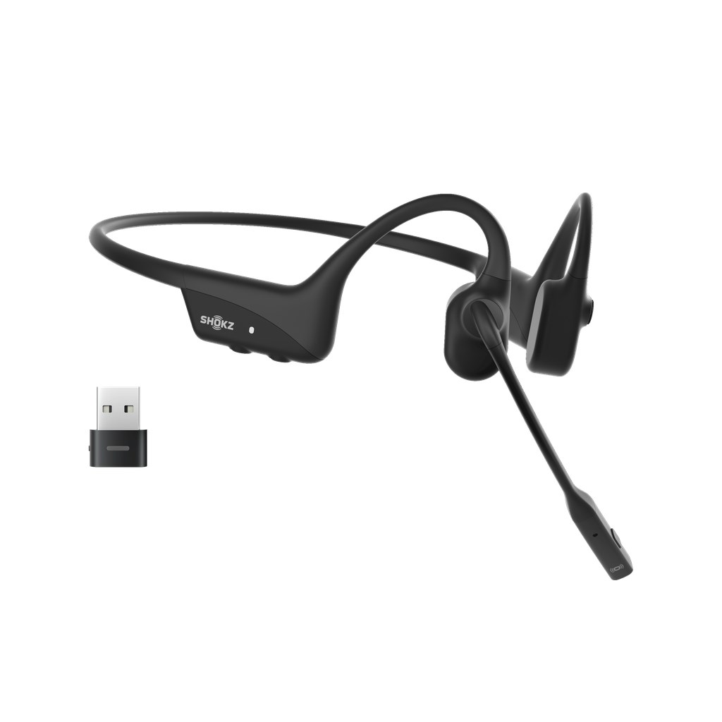 SHOKZ OpenComm2 UC 2025 Upgrade Wireless Bluetooth Bone Conduction Videoconferencing Headset with USB-C Charging Port and USB-C adapter C120-AC-BK-EU Black Ear hook
