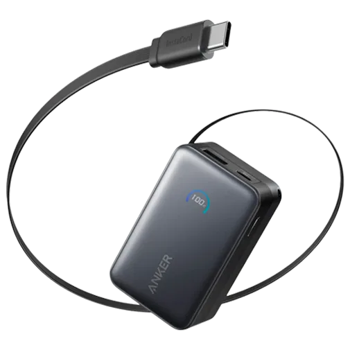 Anker Nano USB-A + USB-C Fast Charger Powerbank 10.000mAh Black with Extendable Cable
