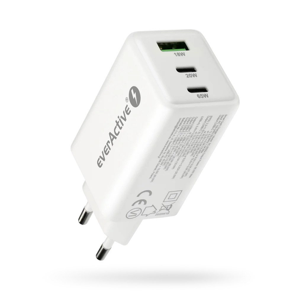 everActive Charger GaN 1 x USB, 2 x USB-C Quick Charge 4+ 65W white SC-655Q