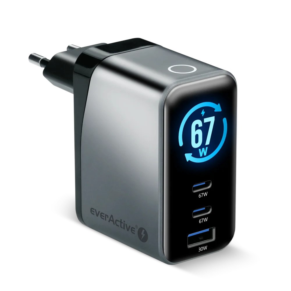everActive Charger GaN 1 x USB, 2 x USB-C Quick Charge 4+ 67W black SC-670Q