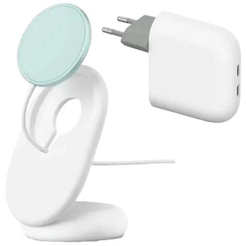 Google Flex 67W Dual USB-C Fast Charger White & Google Pixelsnap Wireless Fast Charger with Stand White