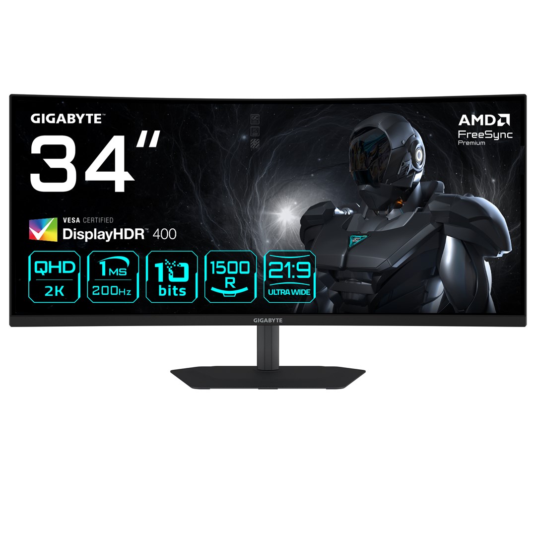 GIGABYTE G34WQC2 34” WQHD Curved Gaming Monitor - 3440 x 1440, 1500R, 200Hz, 1ms, 450 cd/m2, AMD FreeSync Premium, DisplayHDR 400, HDMI 2.0, Displayport 1.4 VA 200 Hz 3440x1440
